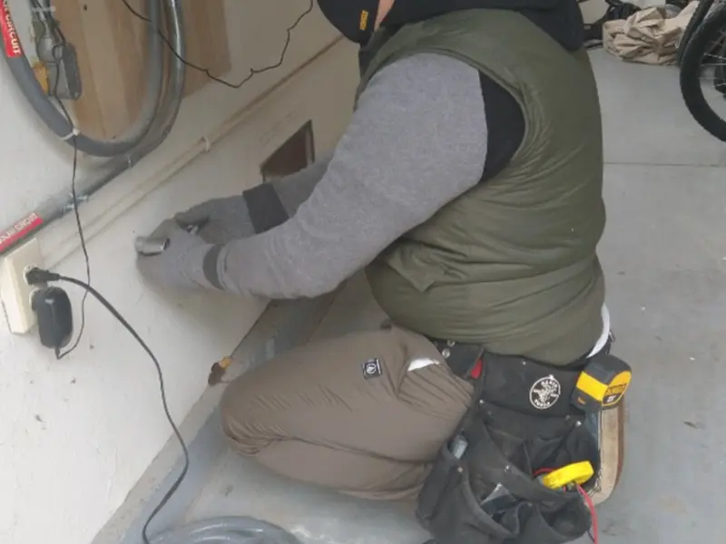 Electrician performing outlet wiring in a Sanford garage